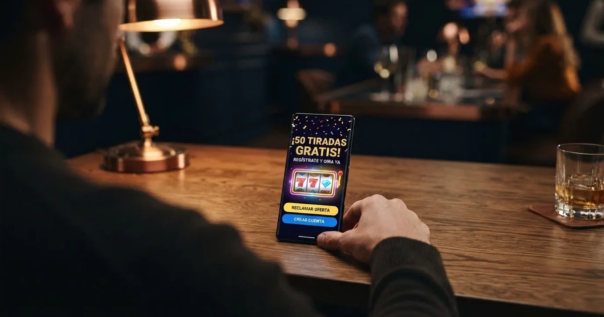 Interfaz de bienvenida de un casino online español con una oferta de tiradas gratis destacada en pantalla