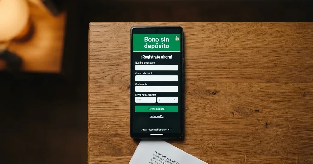 Un teléfono móvil mostrando la pantalla de registro de un casino online español con un banner que anuncia «bono sin depósito» y un candado de seguridad DGOJ visible