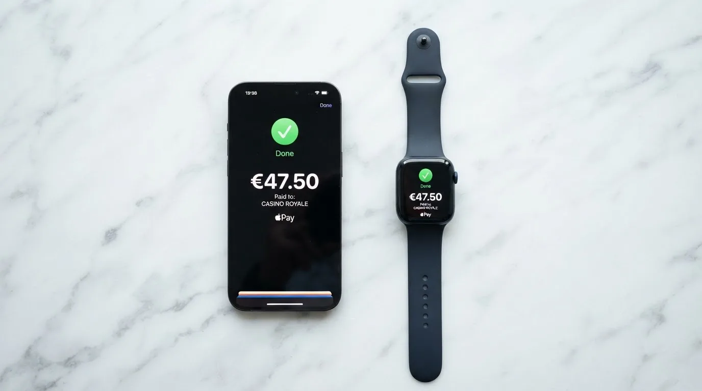 Un Apple Watch y un iPhone uno al lado del otro, ambos mostrando la pantalla de confirmación de un depósito con Apple Pay en un casino online