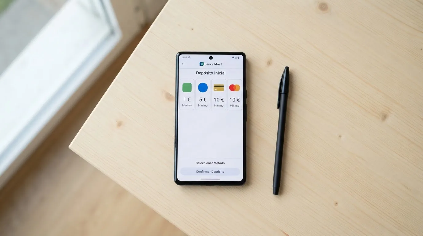 Iconos de Bizum, PayPal, Visa y Mastercard junto a una pantalla de depósito con distintos importes mínimos según el método seleccionado