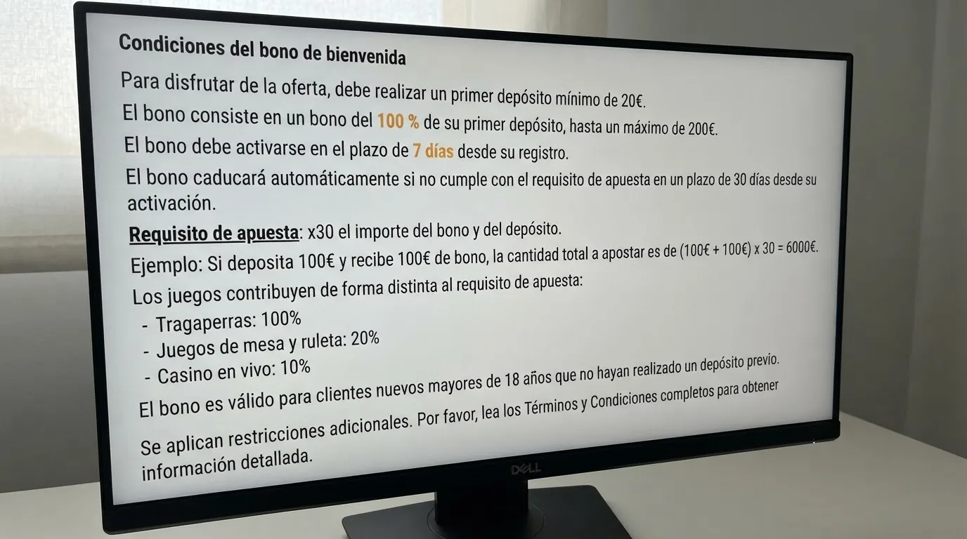Primer plano de la pantalla de un ordenador con los términos y condiciones de un bono de casino, con el requisito de apuesta y el plazo subrayados