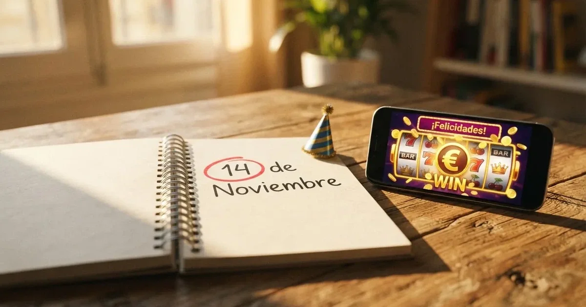 Un calendario marcado con el día de cumpleaños junto a un móvil mostrando la pantalla de promociones de un casino online español