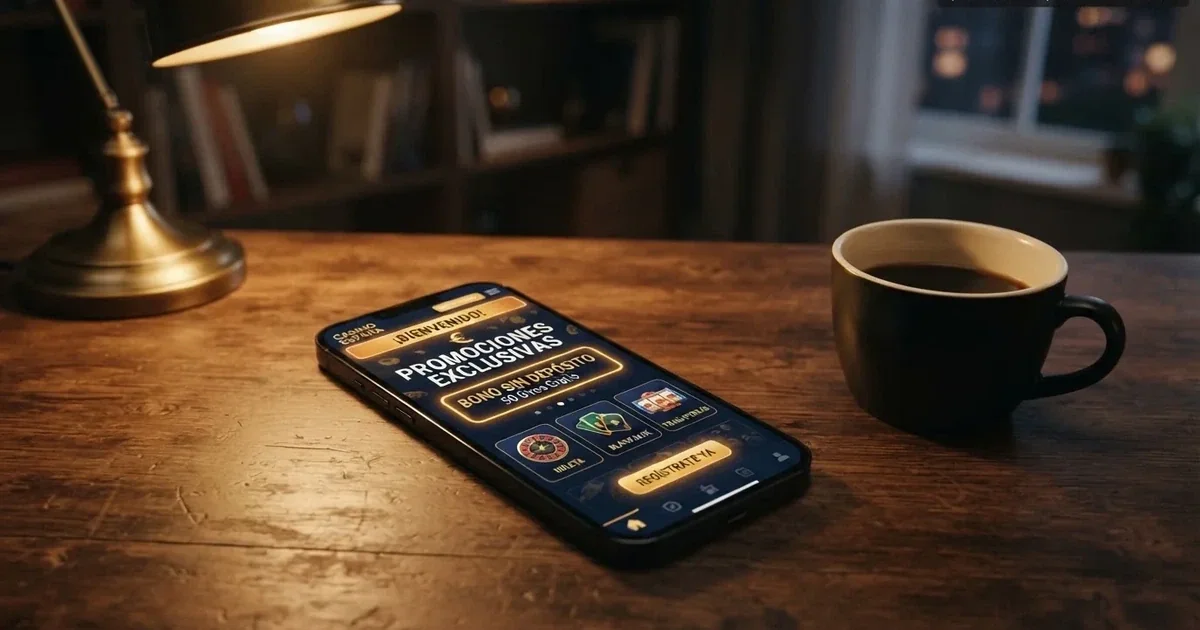 Pantalla de bienvenida de un casino online español con licencia DGOJ donde se destaca la sección de promociones y un bono sin depósito entre las ofertas para nuevos jugadores.
