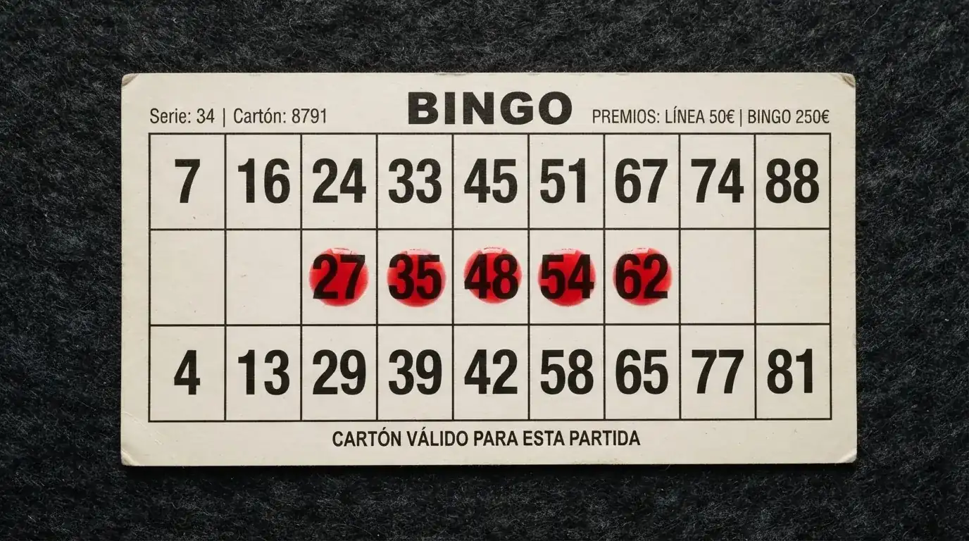 Cartón de bingo de 90 bolas con formato 3×9 y cinco números por fila