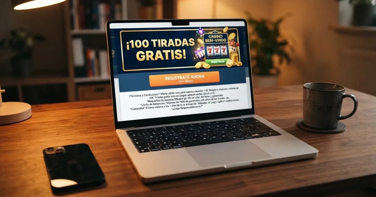 Interfaz de un casino online español mostrando una oferta de tiradas gratis por registro junto a sus condiciones en letra pequeña
