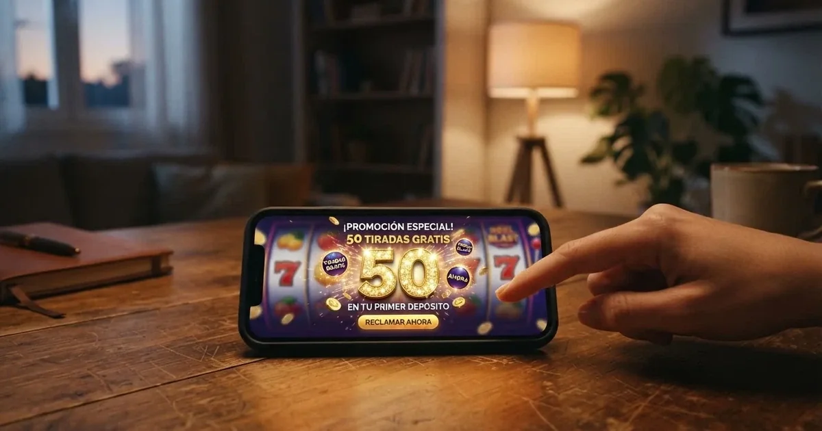Pantalla de un casino online español mostrando una oferta promocional de 50 tiradas gratis sin depósito