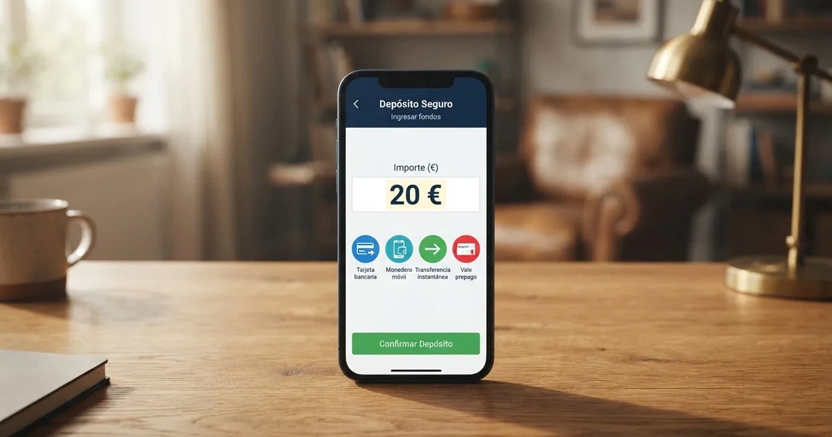 Un teléfono móvil mostrando la pantalla de depósito de un casino online español con el importe de 20€ seleccionado y varios métodos de pago visibles