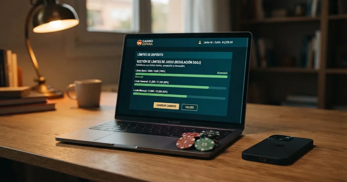 Pantalla de un casino online regulado español mostrando la sección de límites de depósito junto a fichas de ruleta y un teléfono móvil