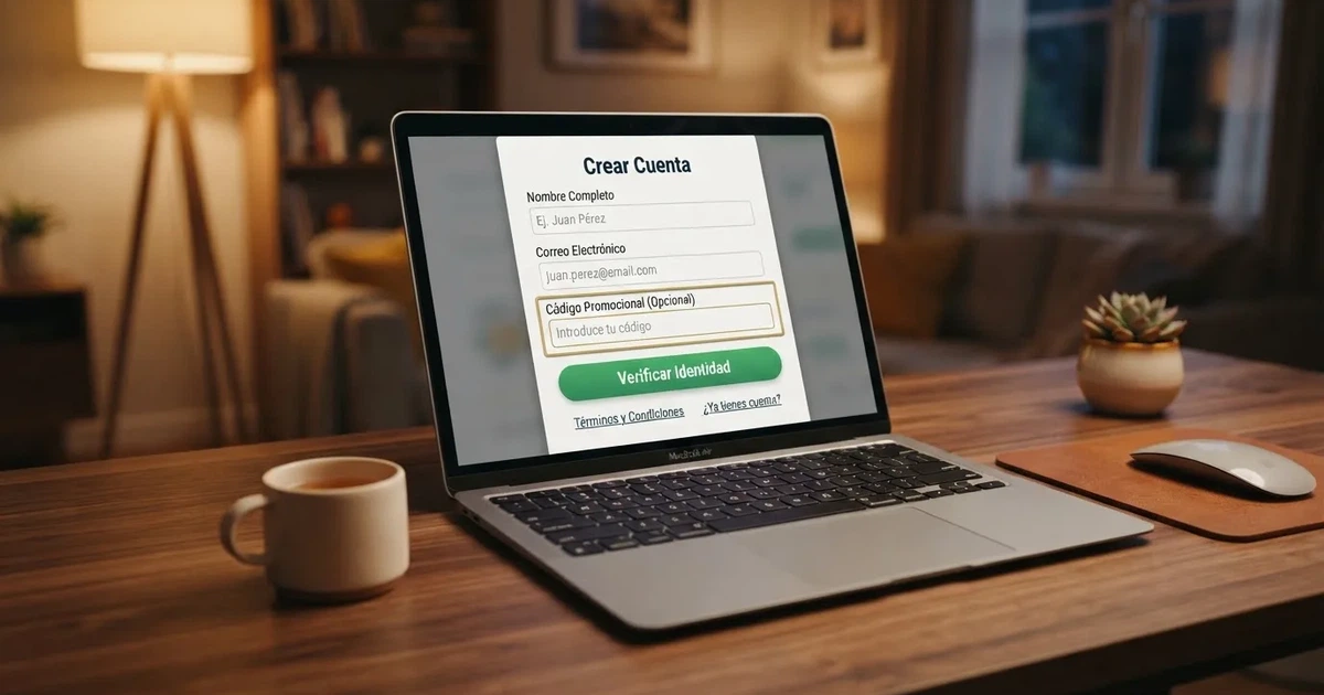 Pantalla de registro de un casino online español con el campo de código promocional resaltado y un botón de verificación de identidad