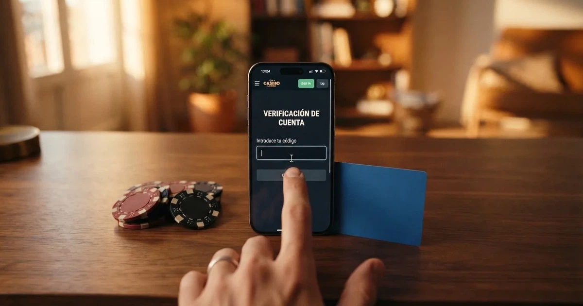 Pantalla de un casino online español mostrando un campo de canje de código promocional junto a fichas de ruleta y una tarjeta de verificación de identidad