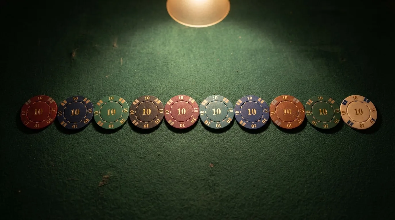 Fichas de casino con el valor de 10€ alineadas sobre una mesa de juego, cada una asociada a un operador distinto