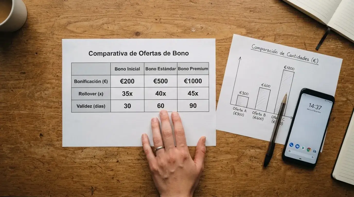 Una tabla comparativa con importes de bono, condiciones y plazos de varios casinos online españoles