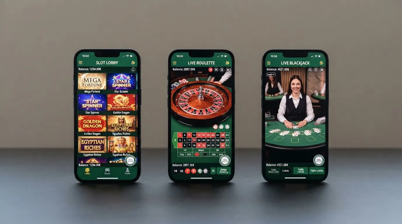 Pantalla dividida mostrando tres interfaces de apps de casino móvil con licencia DGOJ una al lado de otra, con el sello «Juego autorizado» visible en cada una