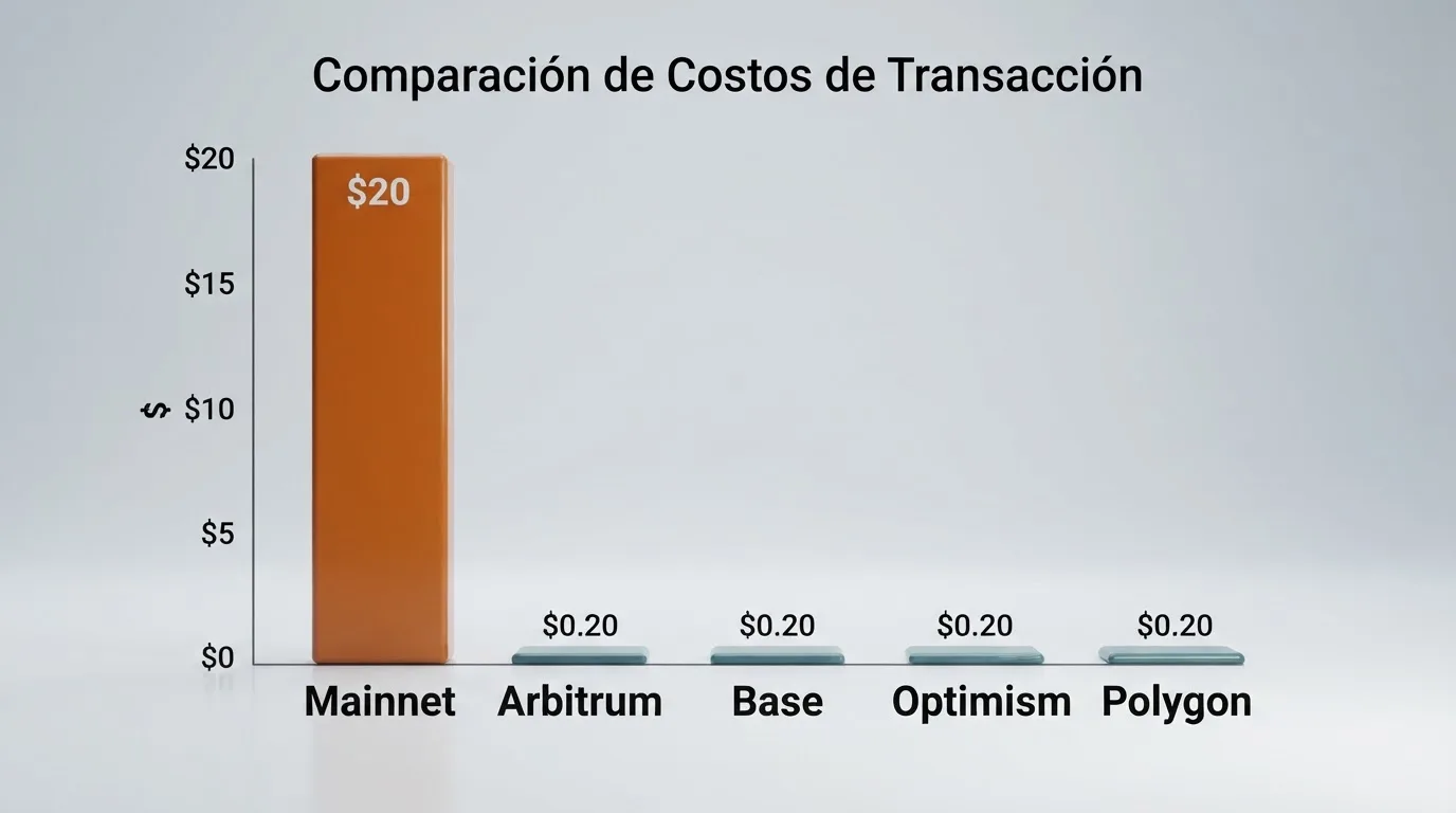 Gráfico de barras que compara el coste en dólares de una transacción en Ethereum mainnet frente a las redes Arbitrum, Base, Optimism y Polygon, con las barras de las L2 apenas visibles frente a la de mainnet.