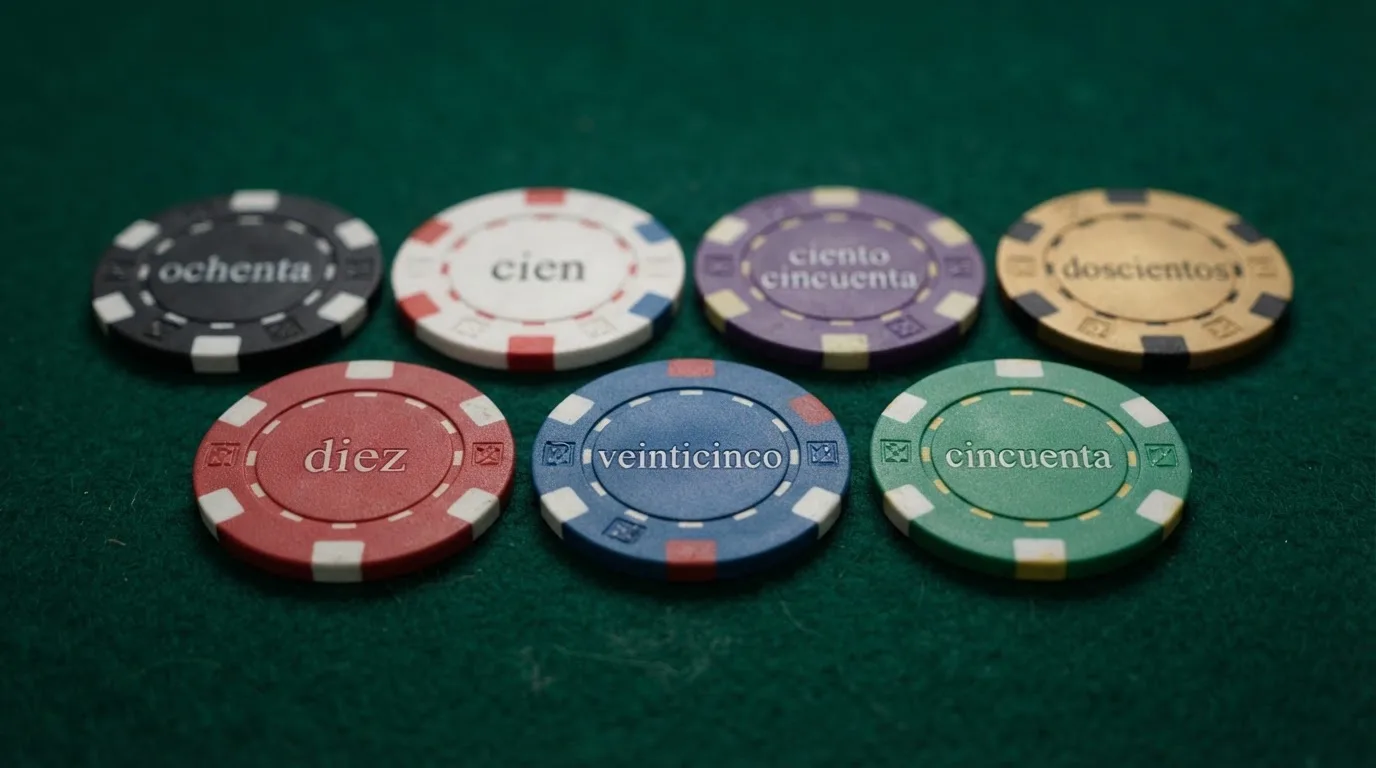 Una tabla con fichas de casino alineadas en columnas, cada una con el logotipo de un operador distinto y un número diferente de giros o euros impresos.