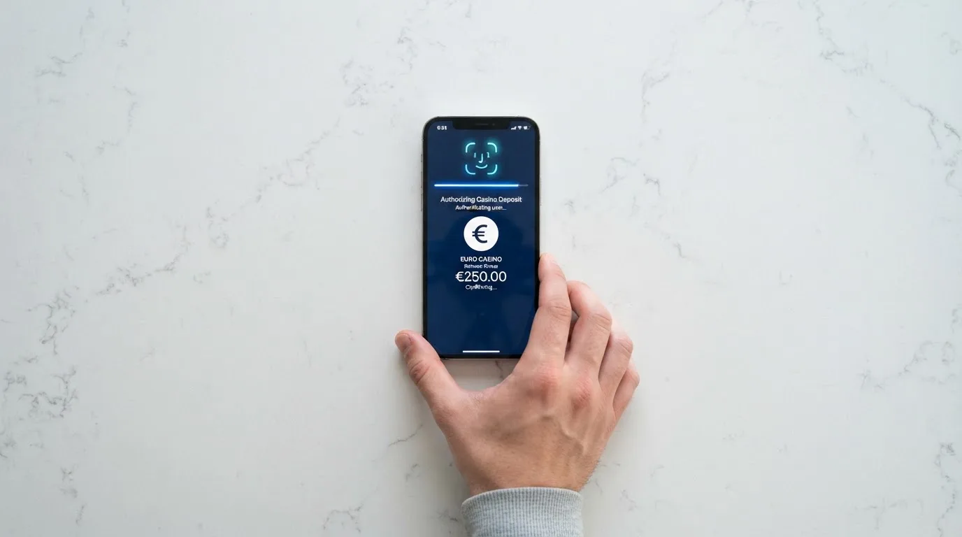 Pantalla de un iPhone durante el proceso de depósito con Apple Pay en el cajero de un casino online, con el botón de Face ID visible