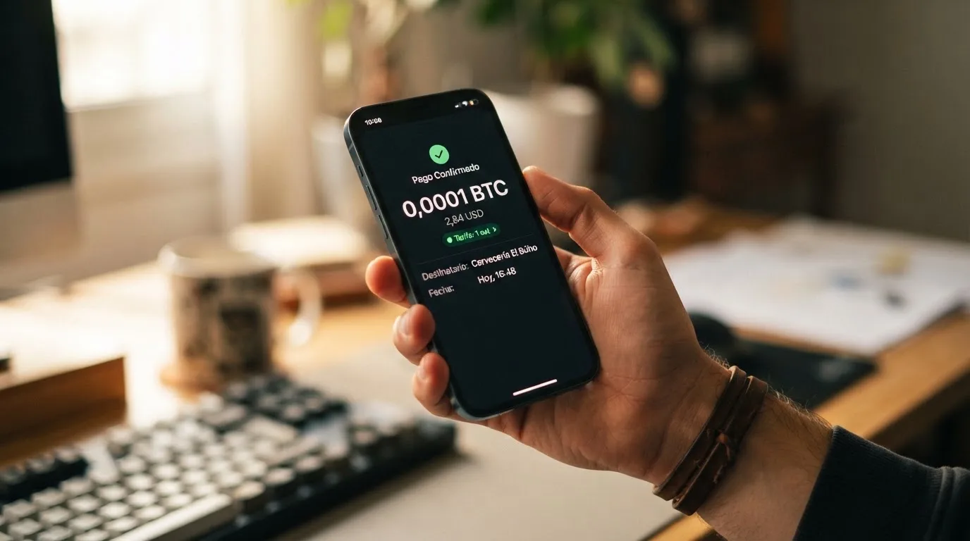 Pantalla de un monedero Lightning mostrando un pago a un casino online por 0,0001 BTC con comisión de red de 1 satoshi