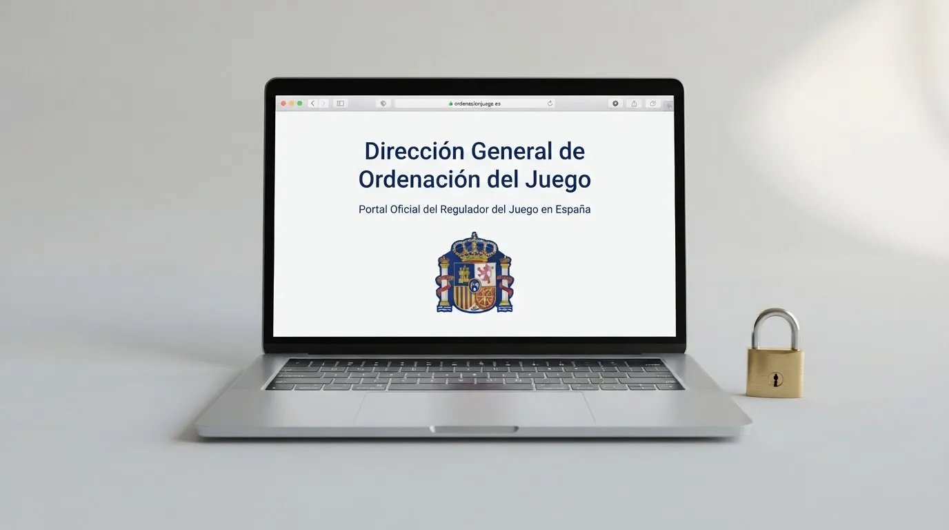 El logotipo de la DGOJ en la pantalla de un ordenador junto al texto «ordenacionjuego.es» y un candado de seguridad