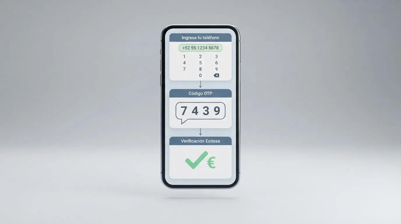 Los tres pasos del depósito por SMS en la pantalla de un móvil: introducir el número de teléfono, recibir el SMS con el código de verificación y confirmar el importe del depósito