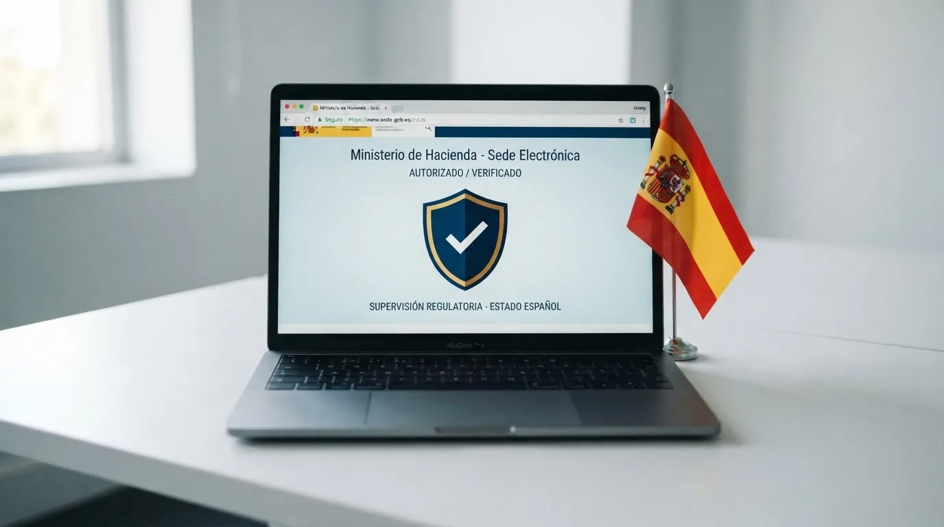 Sello oficial de la Dirección General de Ordenación del Juego sobre un fondo con la bandera de España y el dominio .es resaltado