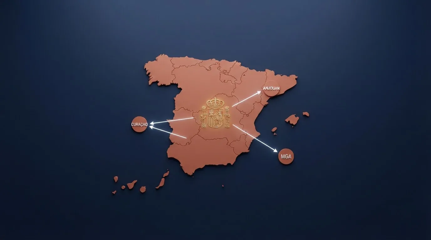 Un mapa de España con el sello oficial de la DGOJ en el centro, y flechas que salen hacia iconos de jurisdicciones offshore etiquetadas como Curazao, Anjouan y MGA fuera del territorio español
