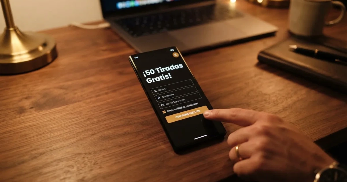 Un teléfono móvil mostrando la pantalla de registro de un casino online español con una promoción de tiradas gratis sin depósito