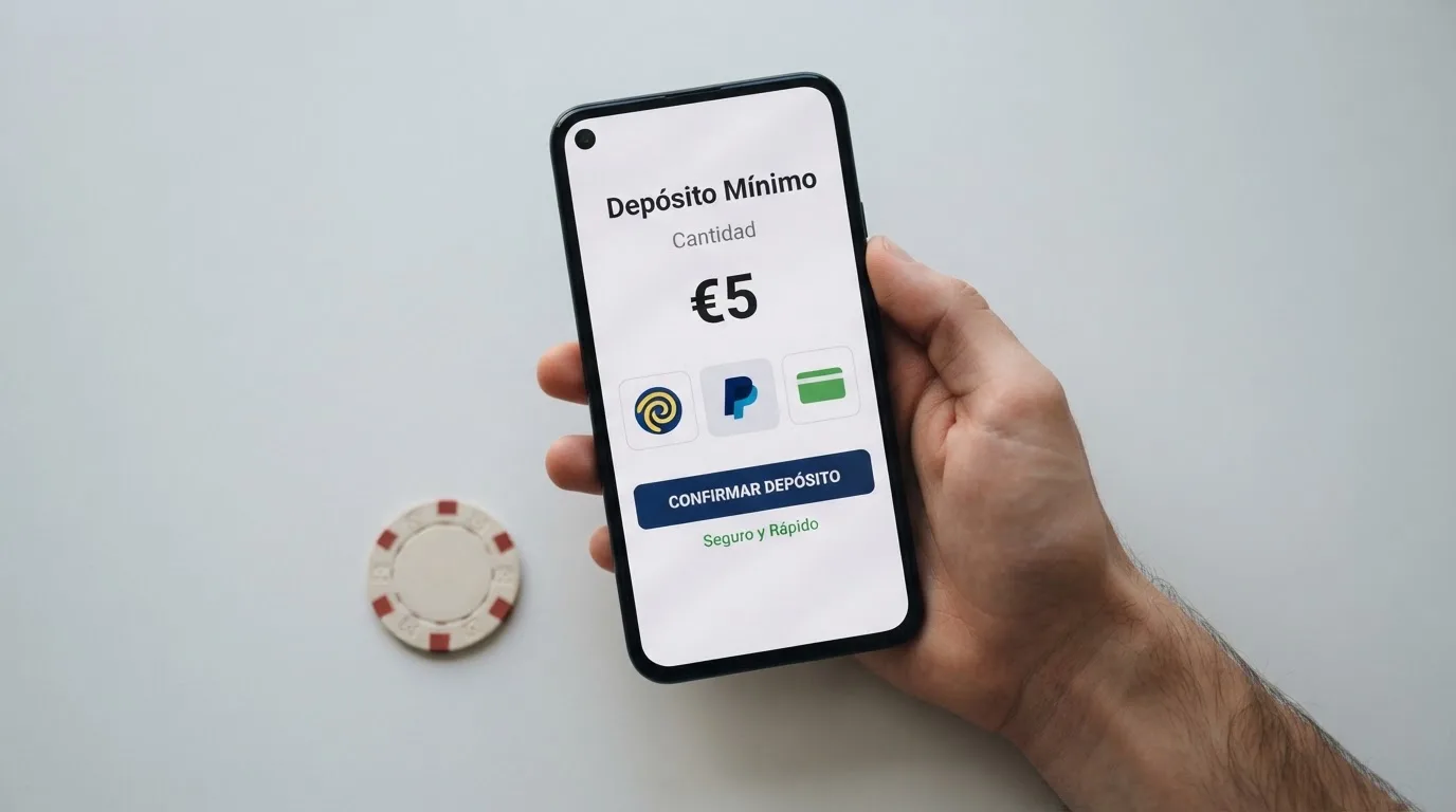 Teléfono móvil mostrando las aplicaciones de Bizum, PayPal y Paysafecard junto a la pantalla de depósito de un casino con licencia española