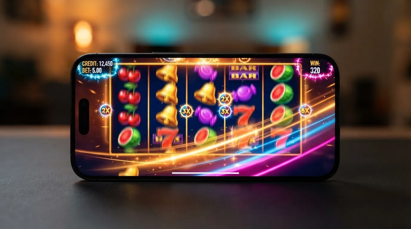 Primer plano de un teléfono móvil en horizontal con los carretes de una tragaperras de Pragmatic Play en marcha, frutas y caramelos en cascada con multiplicadores en pantalla