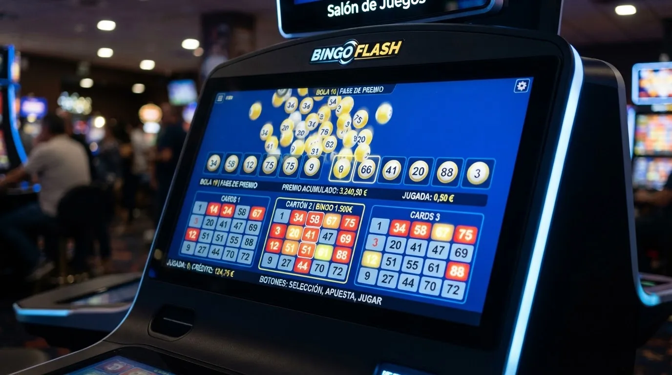 Pantalla de una máquina de video bingo con interfaz digital y bolas numeradas