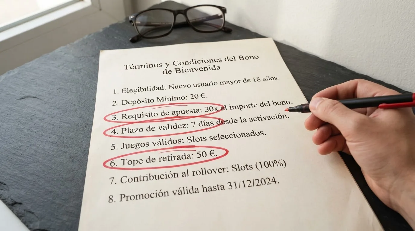 Primer plano de los términos y condiciones de un bono de casino donde se destacan el requisito de apuesta, el plazo de validez y el tope de retirada