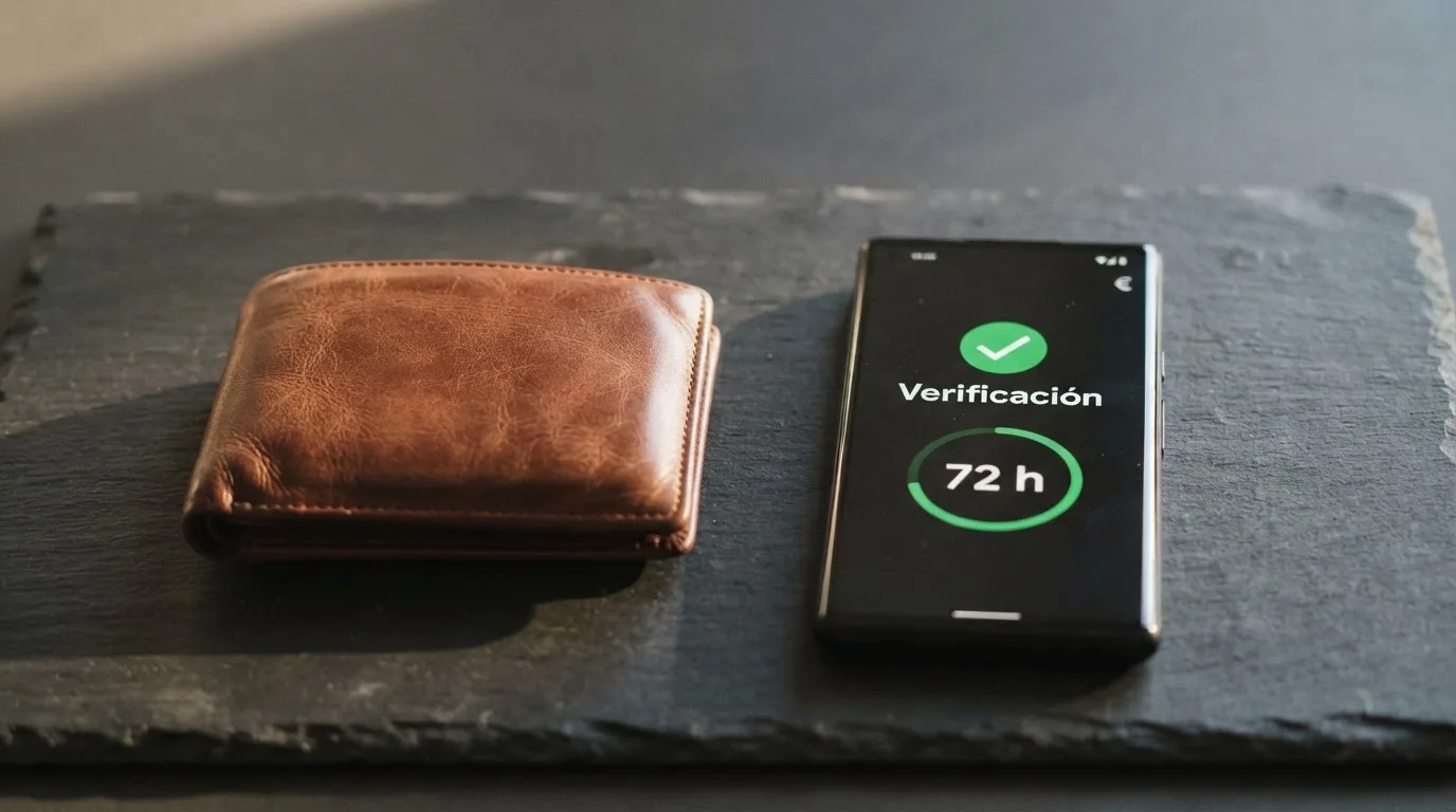 Un monedero físico junto a una cartera digital en una pantalla, con un icono de verificación KYC y un cronómetro marcando 72 horas