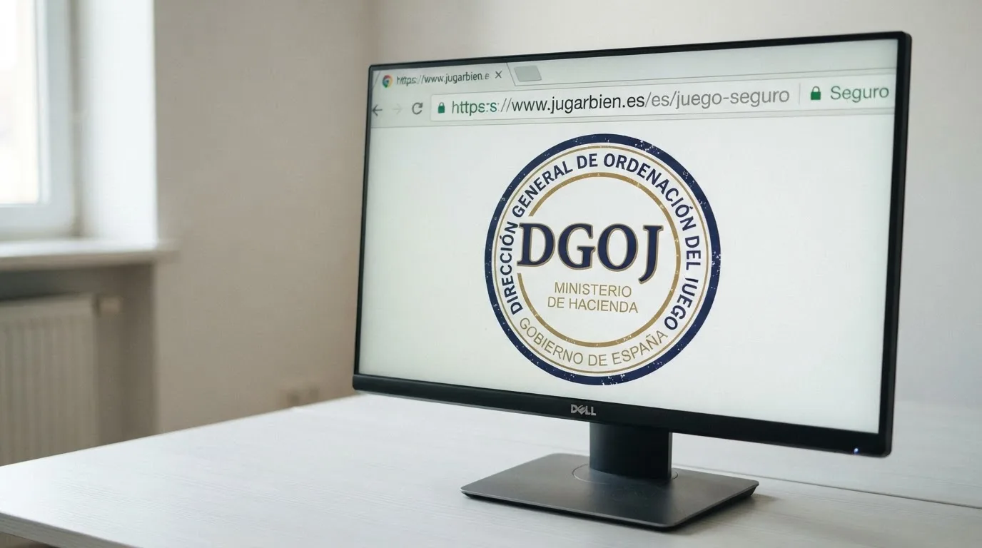 Primer plano de un sello oficial con las siglas DGOJ sobreimpreso en la pantalla de un dominio .es junto al candado de conexión segura