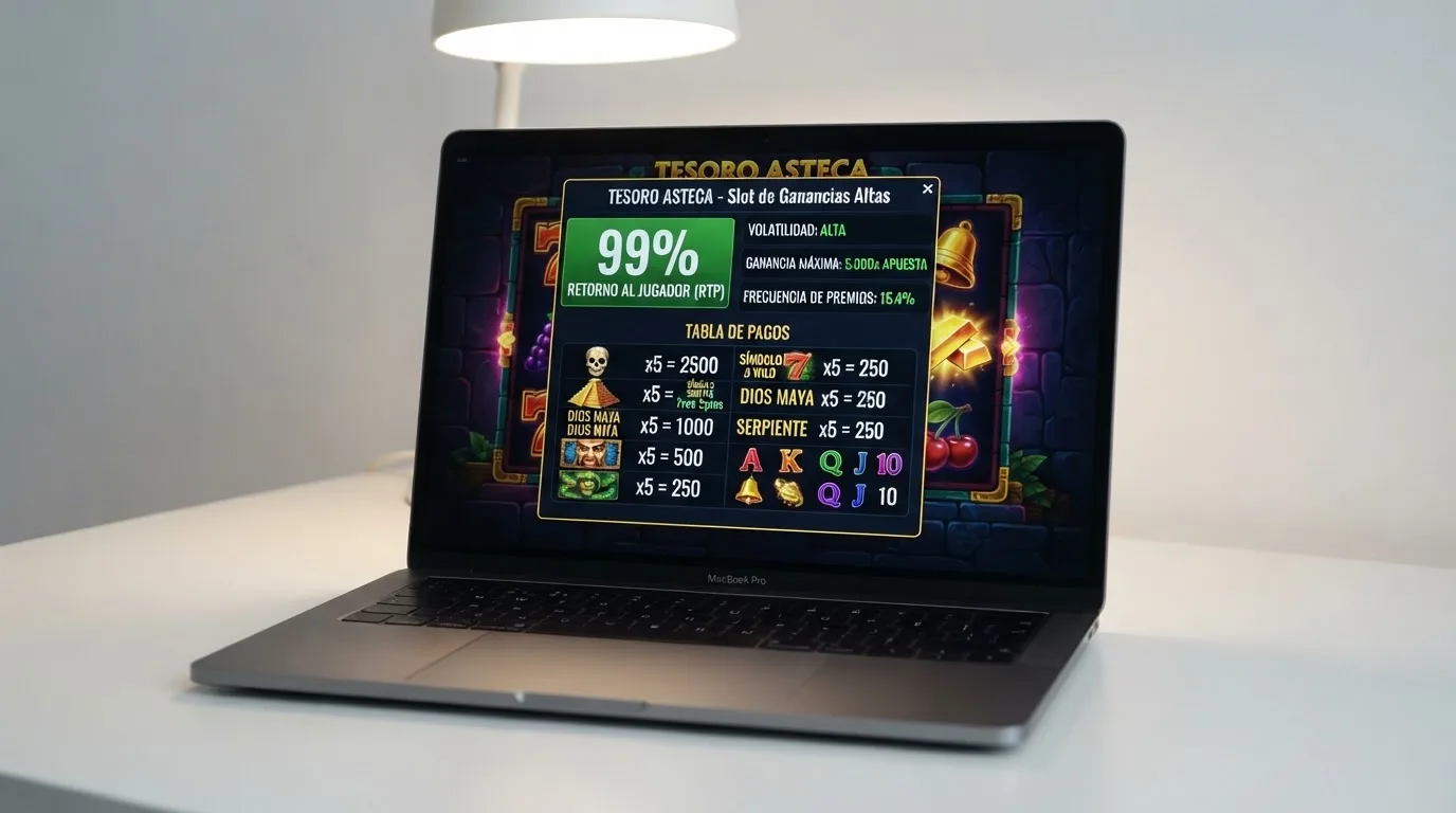Captura de la pantalla de un slot con RTP alto (99%) en un casino con dominio .es, con la ficha técnica abierta mostrando el porcentaje de devolución