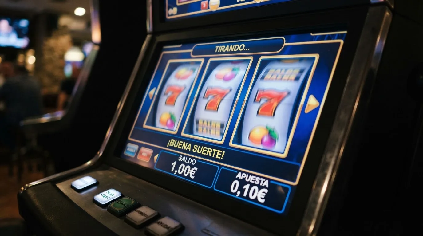 Una slot online con rodillos visibles y el marcador de saldo mostrando 1,00€, con la apuesta fijada en 0,10€