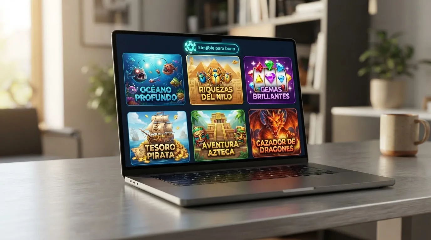 Pantalla de un casino online con una cuadrícula de tragamonedas populares —Book of Dead, Big Bass Splash y Starburst— y el filtro de juegos elegibles para bono activado en la interfaz.