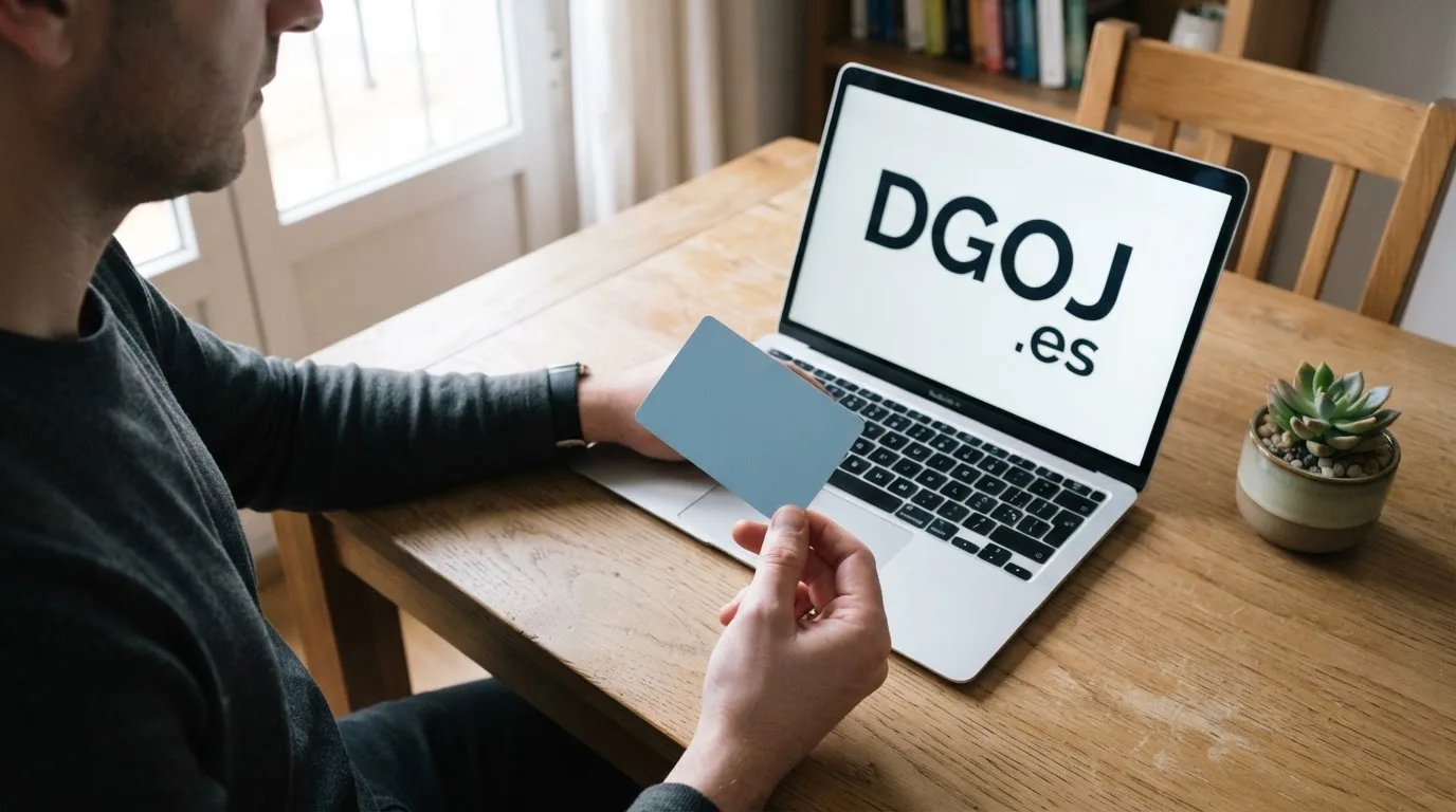 Una mano sostiene un DNI español frente a la pantalla de un ordenador que muestra el logotipo de la DGOJ y el dominio .es